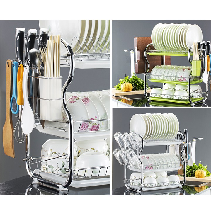 Kệ để bát đũa inox đa năng, Kệ chén đũa thông minh tiện lợi kèm khay đựng