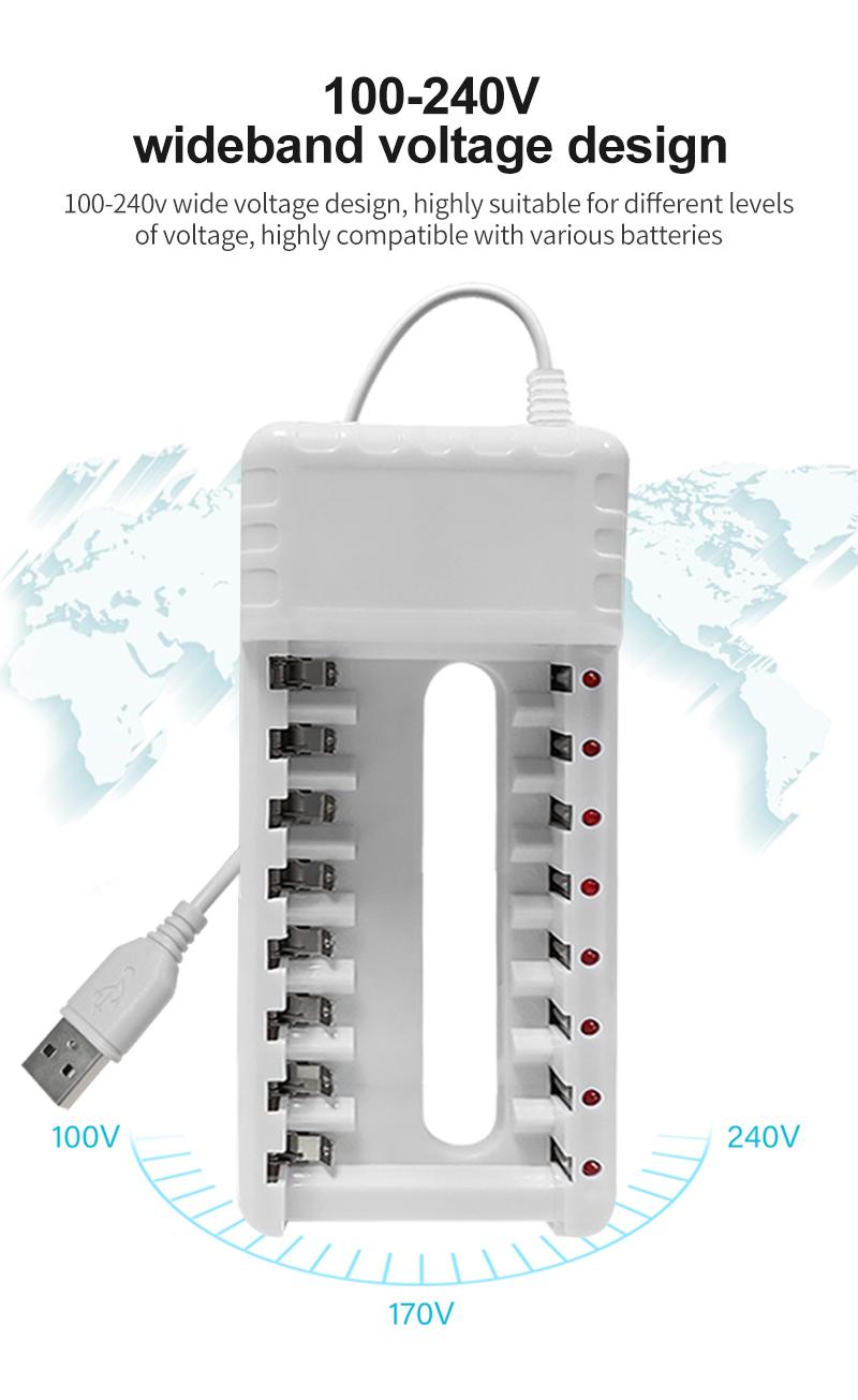 Pujimax sạc pin sạc đầu ra USB 8 khe bảo vệ ngắn mạch sạc nhanh phù hợp với công cụ pin AAA/AA Màu sắc: Đen