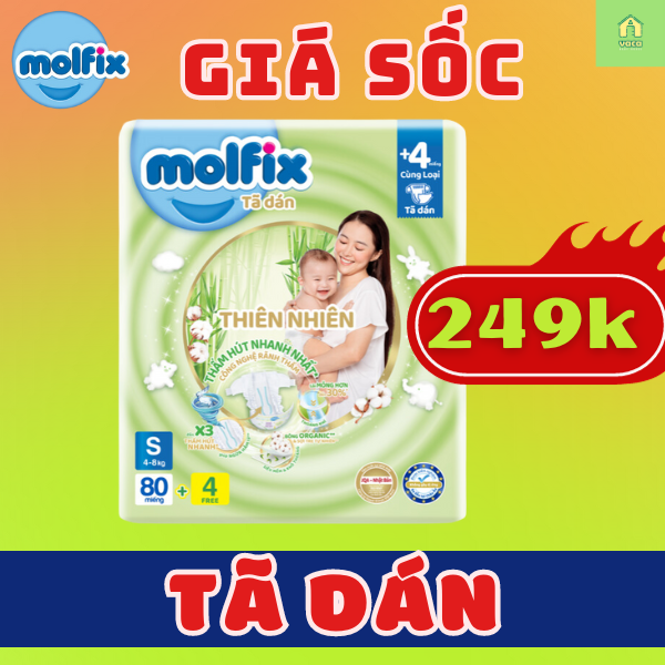 (Mẫu mới cải tiến) Tã/bỉm dán Molfix size S80+4 miếng dành cho bé 4-8kg