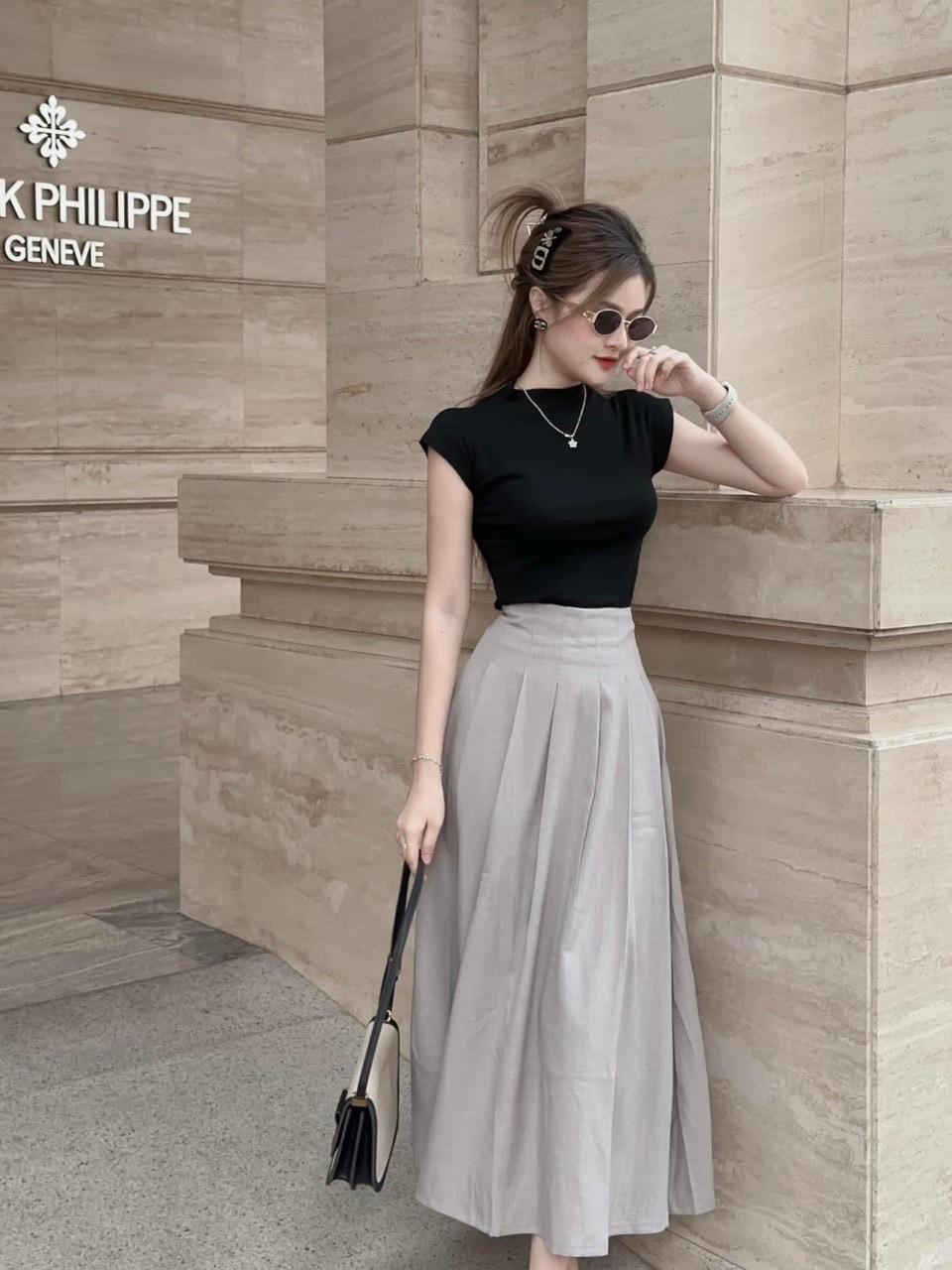 SET ĐI CHƠI, SET 2 MÓN ÁO THUN ZIP PHỐI CHÂN VÁY XÁM CỰC SANG