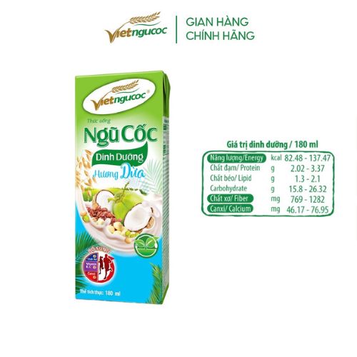 Thùng 48 hộp Sữa Ngũ Cốc Dinh Dưỡng VIỆT NGŨ CỐC Hương Dừa Thơm Béo Uống Liền 180ml/Hộp