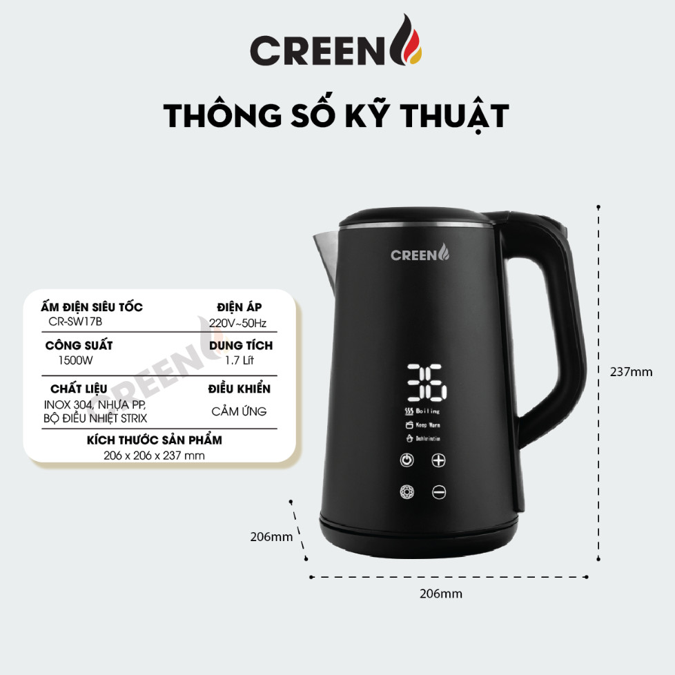 ( SIÊU PHẨM 2026 ) Ấm Siêu Tốc Khử Clo inox304 Creen CR-SW17B Dung Tích 1,7L Chuẩn Công Nghệ Đức - Điều Chỉnh Nhiệt Độ - Hàng Chính Hãng