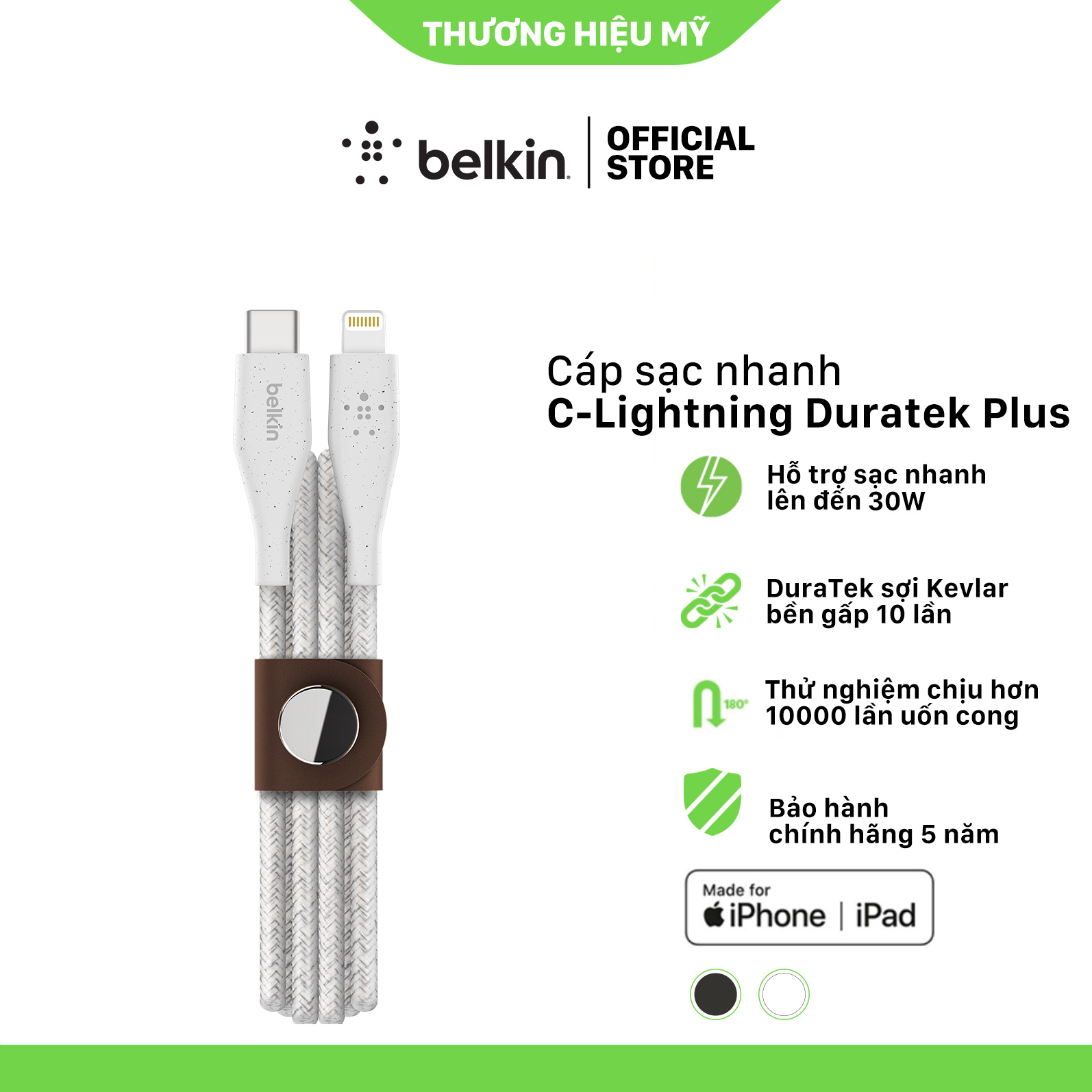Cáp sạc USB Type C to Lightning Belkin Duratek Plus + strap da, chứng chỉ MFi vĩnh viễn, 1.2m, sạc nhanh PD, cáp cao cấp siêu bền - Hàng chính hãng
