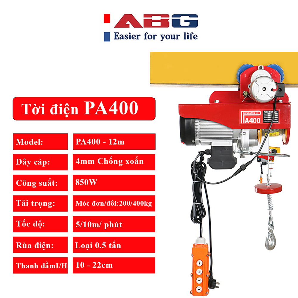 Bộ Tời Điện Kèm Rùa ABG PA400  12 Mét - Giúp Máy Tời Treo Nâng Hạ Vật Nặng Dễ Dàng Trong Nhà Xưởng Công Nghiệp Và Đời Sống, Nâng Kéo Linh Hoạt, Hiệu Quả Cao - Hàng Chính Hãng