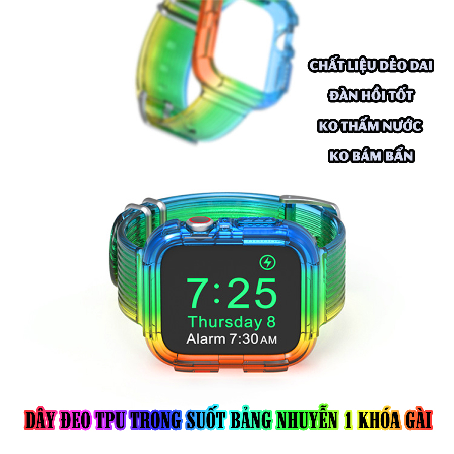 Dây Đeo liền ốp dành cho Apple Watch 7/6/5/4/3/2/1 size 38/40/41/42/44/45mm TPU trong suốt bản nhuyễn 1 khóa gài - Cầu Vồng