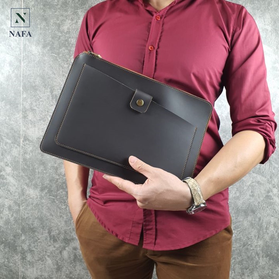 Clutch cầm tay nam, túi đựng macbook, ipad 12inch NAFA CL139 da bò sáp - màu nâu