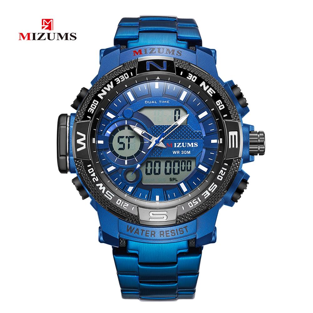 Đồng hồ thời trang MIZUMS Nam,Vỏ hợp kim thép không gỉ Dây đeo kỹ thuật số Analog Dual Movement