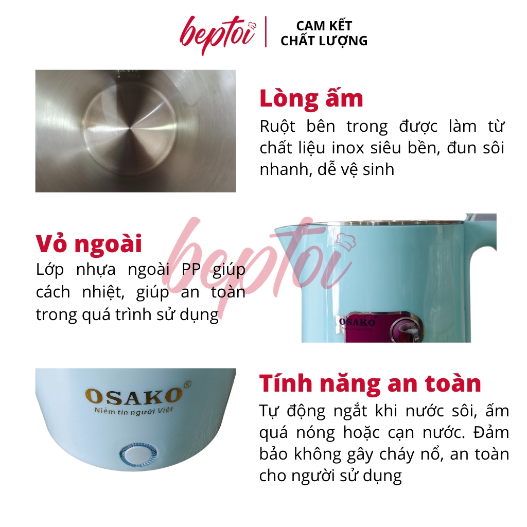 Bình đun siêu tốc, ấm siêu tốc đun nước siêu nhanh Inox 2 lớp chống phỏng Osako OSA-230 dung tích 2L - Hàng chính hãng