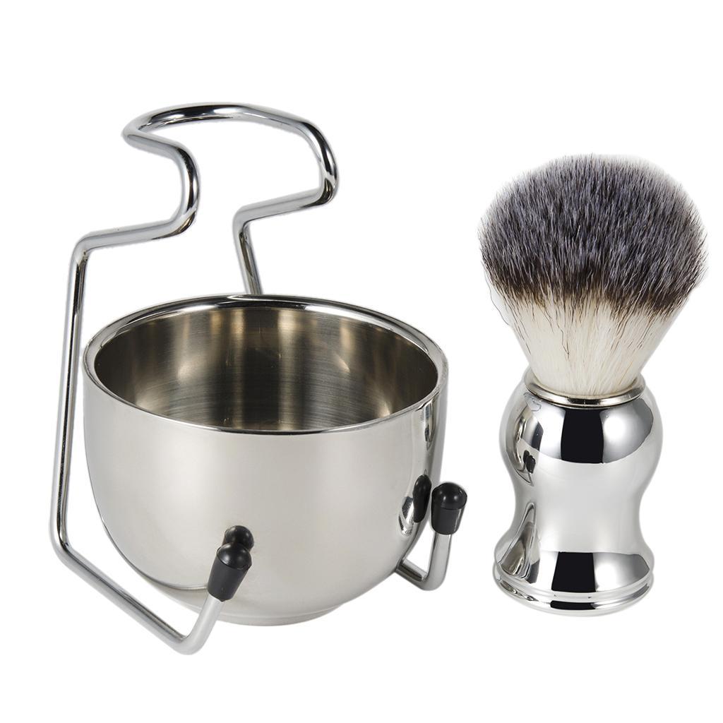 Stainless Steel Shaving Brush Set Brush Stand Holder Bowl Mug Kit