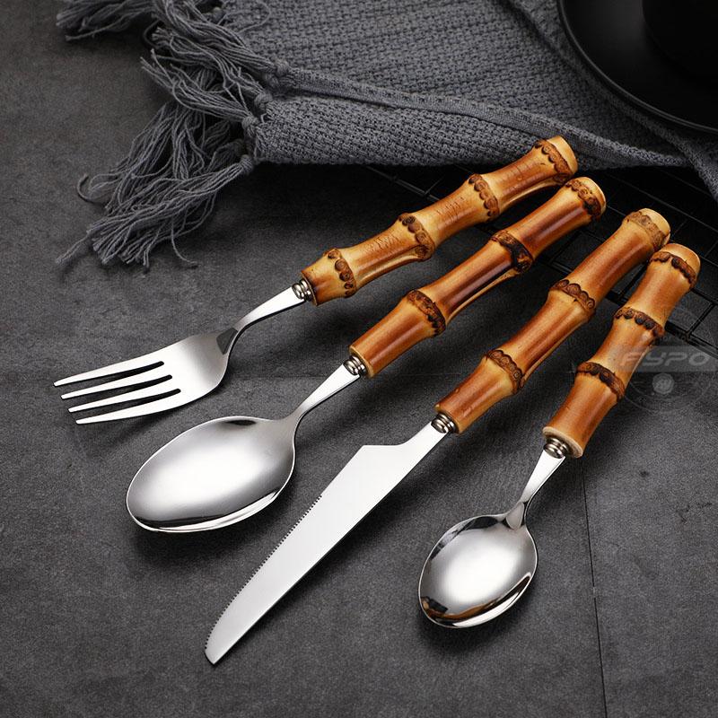8/16 Cái Cây Tre Dao Kéo Bộ Thép Không Gỉ 304 Bít Tết Dao Kéo Bộ Đồ Ăn Bộ Thìa Và Dĩa, nhà Bếp Ăn Thanh