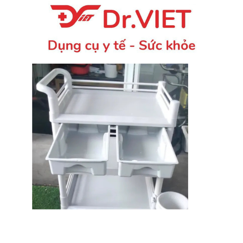 Xe đẩy dụng cụ tiêm nhựa ABS Loại 3 tầng 2 hộc nhỏ, 1 chậu (M)