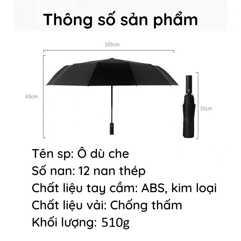 Ô Dù Tự Bật 2 Chiều Gấp Gọn Che Mưa Nắng 12 Nan Tán Rộng Chống Tia UV Cao Cấp - Hàng Loại 1 _ Chính hãng MINIIN