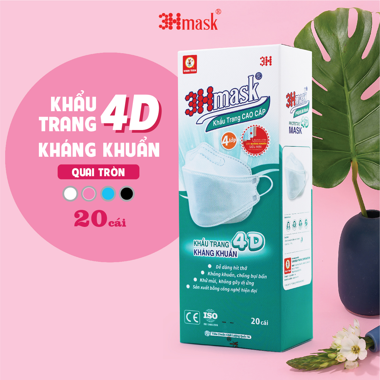 Khẩu Trang 3Hmask 4D Quai Tròn Trắng (20 cái) - Kháng Khuẩn Cao Cấp ôm khít mặt, không lem son