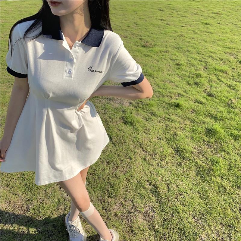 Đầm Polo Ôm Body Nữ Triết Eo Thêu Chữ, Váy Nữ Polo Dáng Xòe Cộc Tay Có Cổ Phối Ngắn
