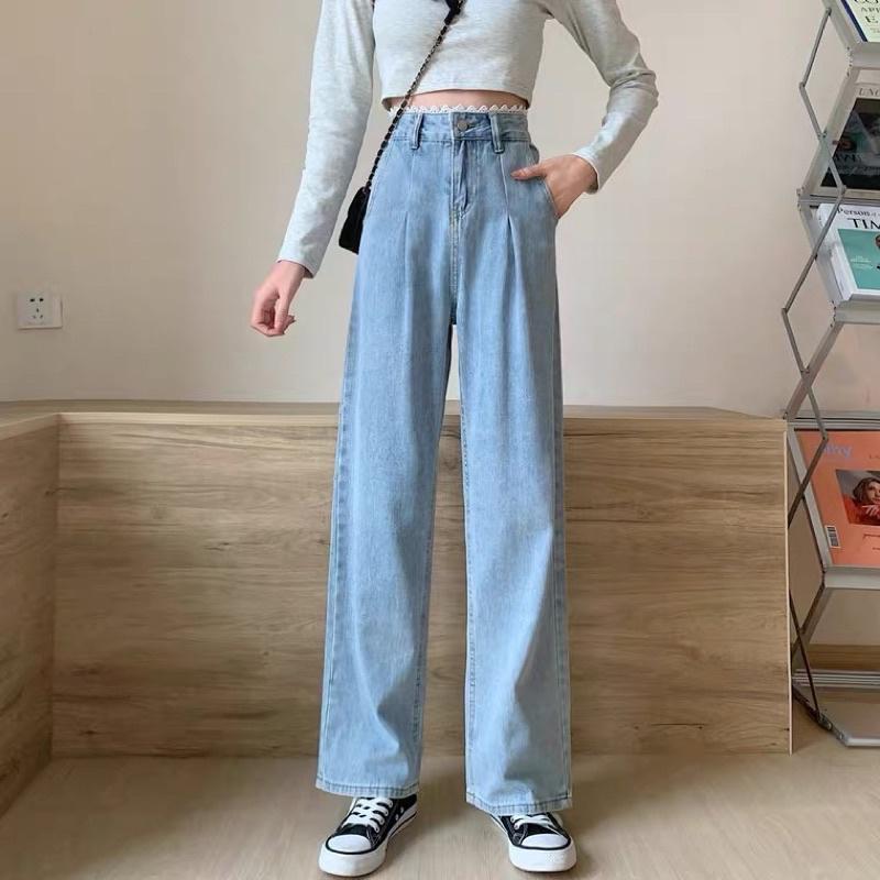 Quần jeans ống suông rộng viền ren cạp cao xanh nhạt