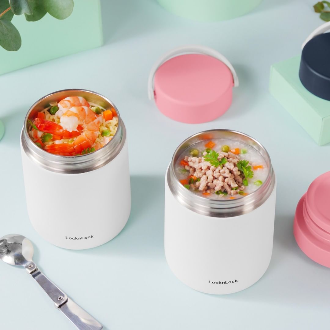 Hộp cơm giữ nhiệt Lock&amp;Lock màu hồng LHC8042PIK 700ml - Hàng chính hãng, 2 ngăn kèm muỗng inox - JoyMall
