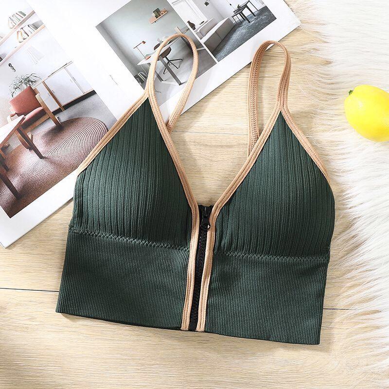 Áo Tập Bra Hai Dây Nữ Kéo Khóa Trước CopTop Dáng Ôm Dệt Kim Len Tăm Có Mút Ngực PINKBOUTIQUE