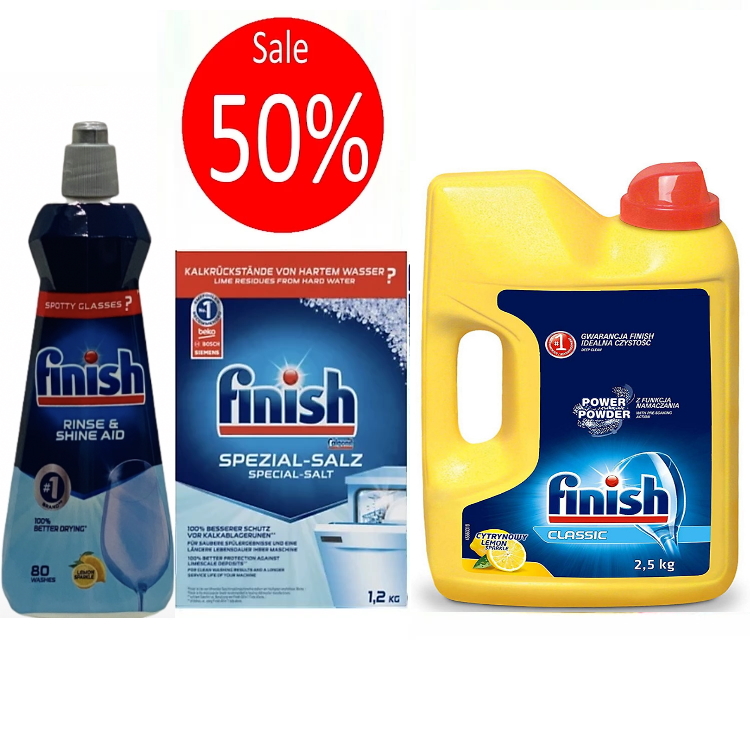 Combo rửa bát Finish Bột 2.5kg, Muối 1.2kg, Nước làm bóng 400ml