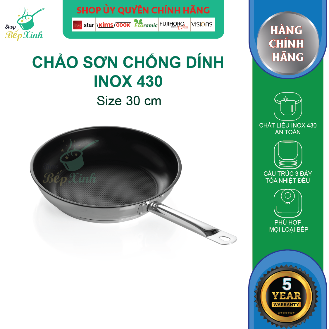 Chảo chống dính 3 đáy inox 430 Fivestar Standard