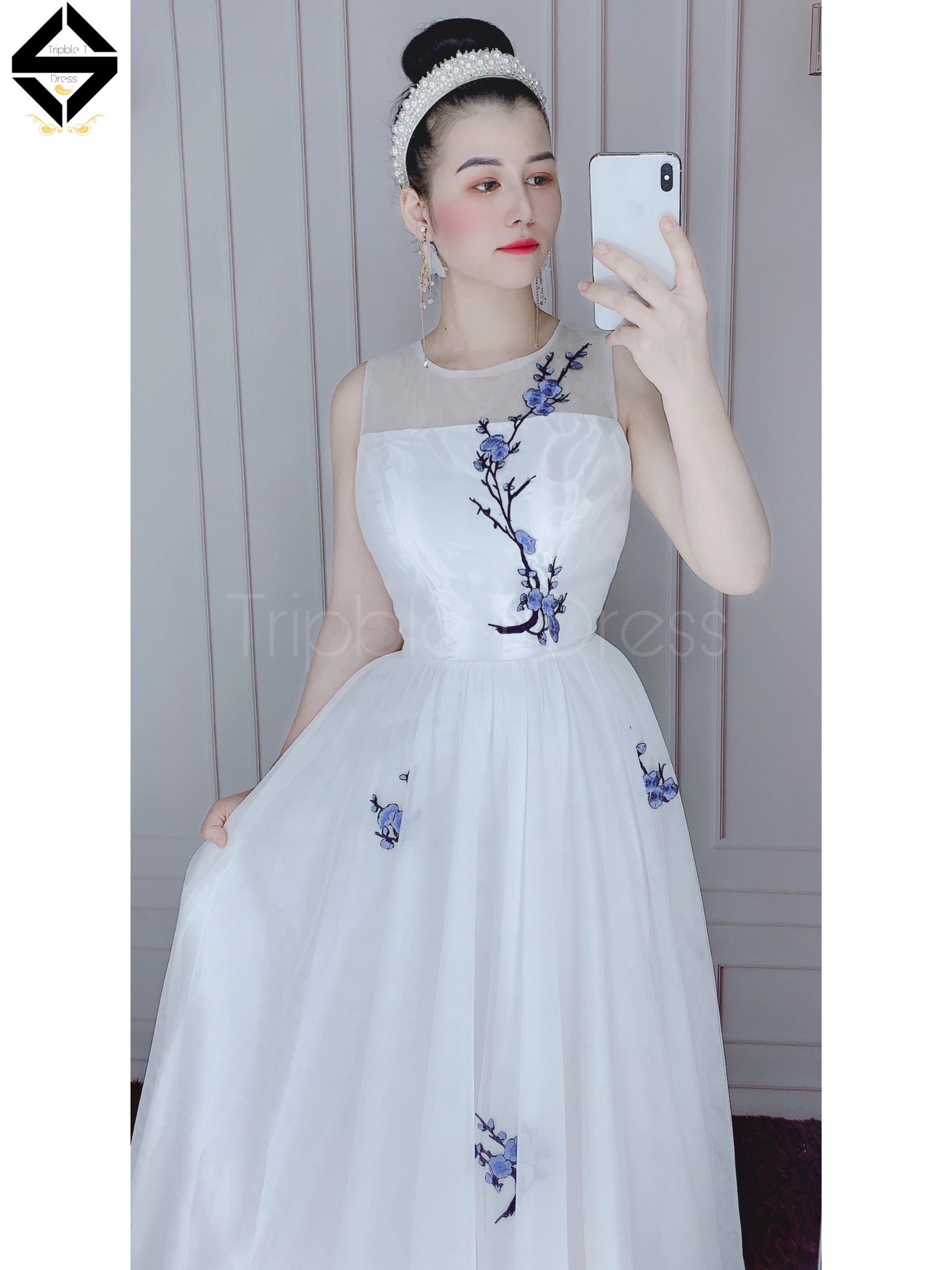 Đầm maxi dự tiệc mặc cưới hoa đào thêu sang trọng TRIPBLE T DRESS - size M/L - MS154Y