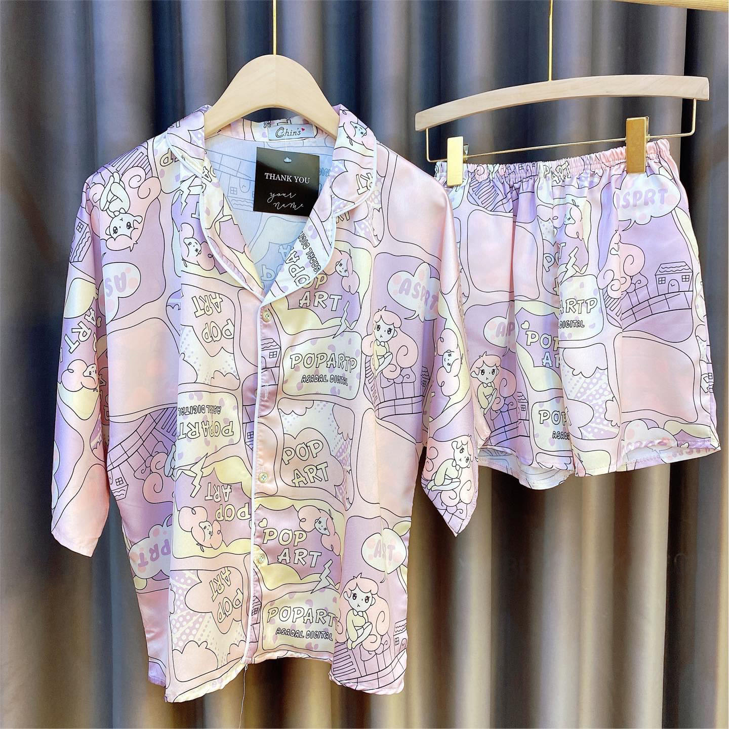 Đồ Bộ Lụa Satin Tay Cánh Dơi Quần Đùi (Hàng Thiết Kế)