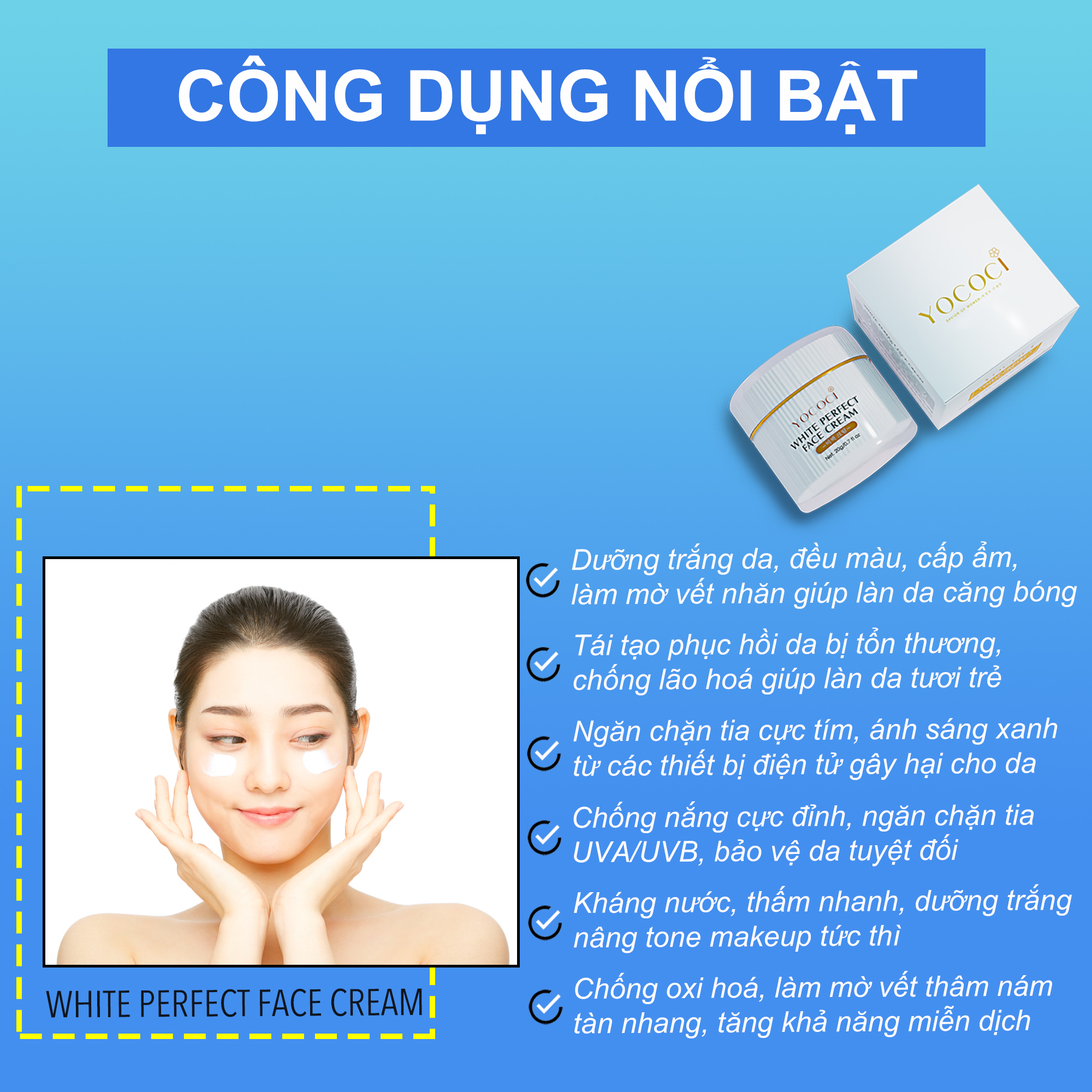 Kem dưỡng trắng da mặt Yococi giúp sáng da, ngăn chặn ánh sáng xanh White Perfect Face Cream 20g