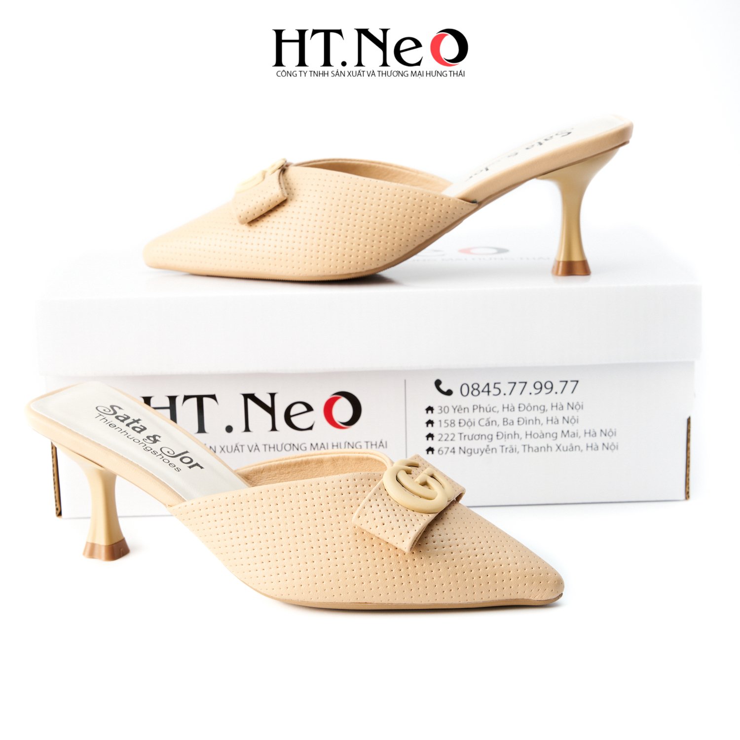 Sục nữ HT.NEO gót nhọn, sandal nữ gót nhọn mũi nhọn thiết kế trẻ trung với khuy GG, da cao cấp, đi cực êm chân, thoải mái, cực dễ đi, đi êm chân SDN143