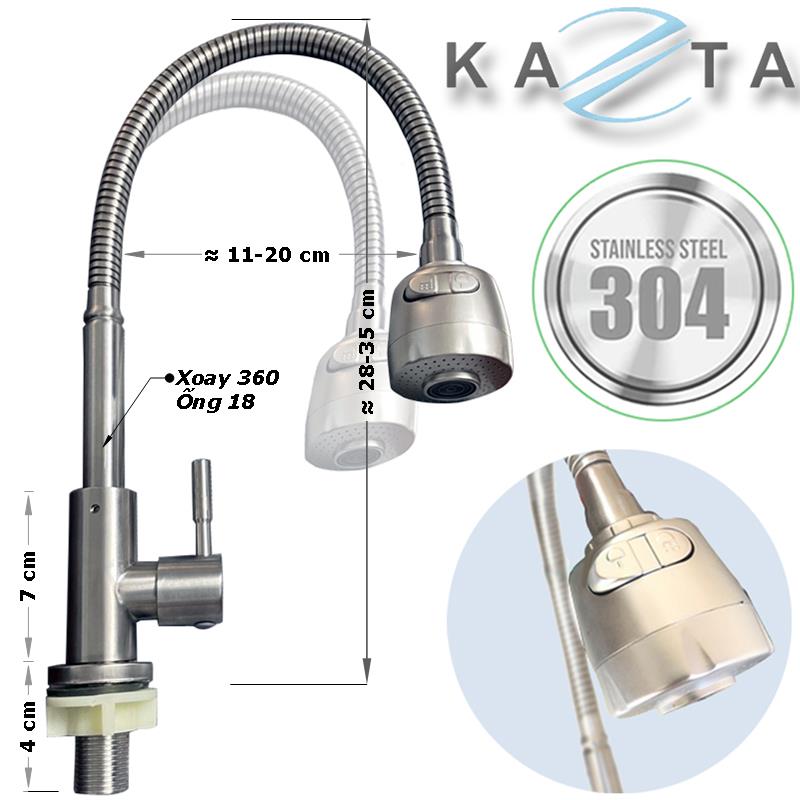 Vòi rửa bát lạnh KAZTA KZ-4A3 tăng áp thân uốn dẻo inox SUS304 có nút chỉnh 2 chế độ nước