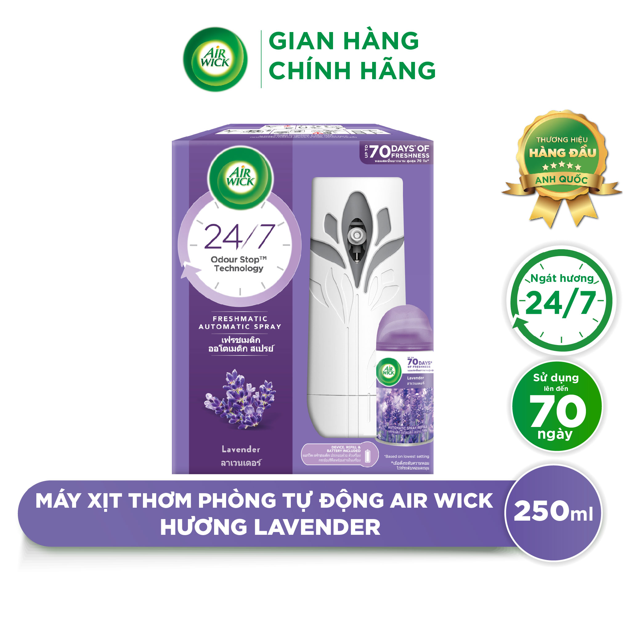 Máy xịt thơm phòng tự động AIRWICK, Anh Quốc, công nghệ Odour Stop chống ẩm mốc, ngát hương 24/7, siêu tiết kiệm