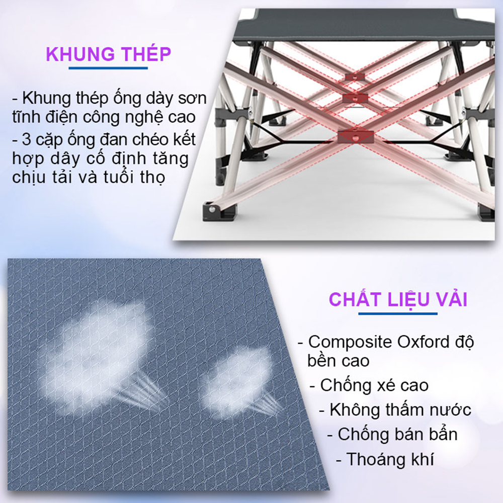 Giường xếp du lịch, vải bạt 3D chống thấm, chống bám bụi, xếp gọn kèm túi du lịch - Hàng chính hãng NIKITA 2022