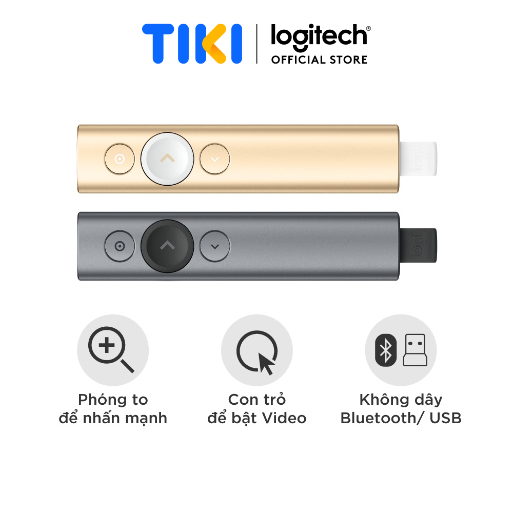 Bút trình chiếu từ xa Logitech Spotlight - không dây đến 30m, kết nối Bluetooth và USB, phóng to để nhấn mạnh, điều khiển con trỏ bật video - Màu
