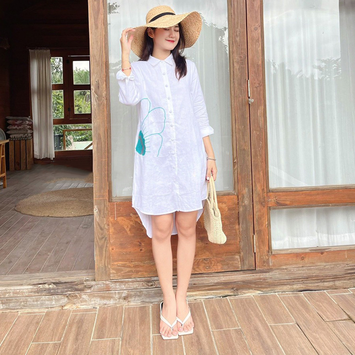 Đầm suông sơ mi Linen Hàn thêu bông to dáng lửng trẻ trung ArcticHunter, chất liệu Linen nhập Hàn cao cấp xịn xò