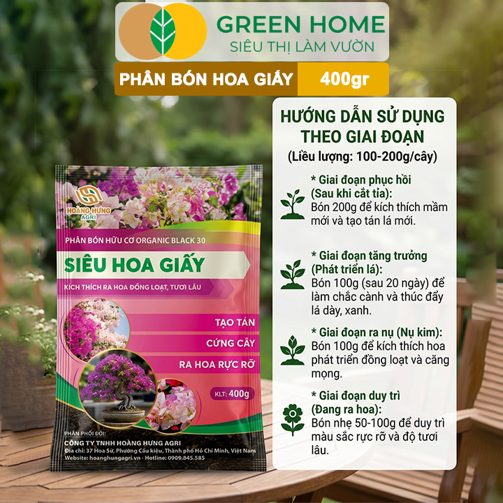 Phân Bón Hoa Giấy GreenHome, Bao 400gr, Hữu Cơ, Ra Bông Nhiều, Lâu Tàn, Giúp Thân Cứng Cáp, Tạo Tán