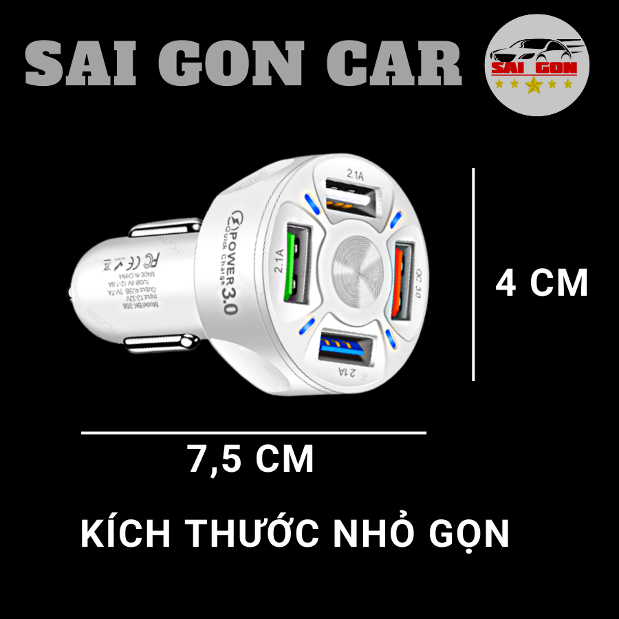 Tẩu sạc nhanh ô tô chia 4 cổng sạc, có tích hợp đèn led, hỗ trợ sạc nhanh QC 3.0, điện áp đầu vào 12V đến 32V