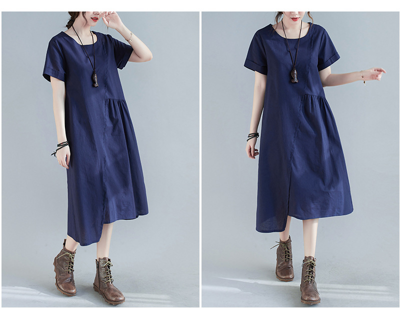 Đầm linen suông nữ cổ tròn ngắn tay, Váy nữ suông trơn thiết kế cơ bản, không kén dáng mặc ARCTIC HUNTER