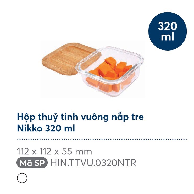 Hộp thuỷ tinh vuông nắp tre Nikko 320ml - 520ml - 800ml