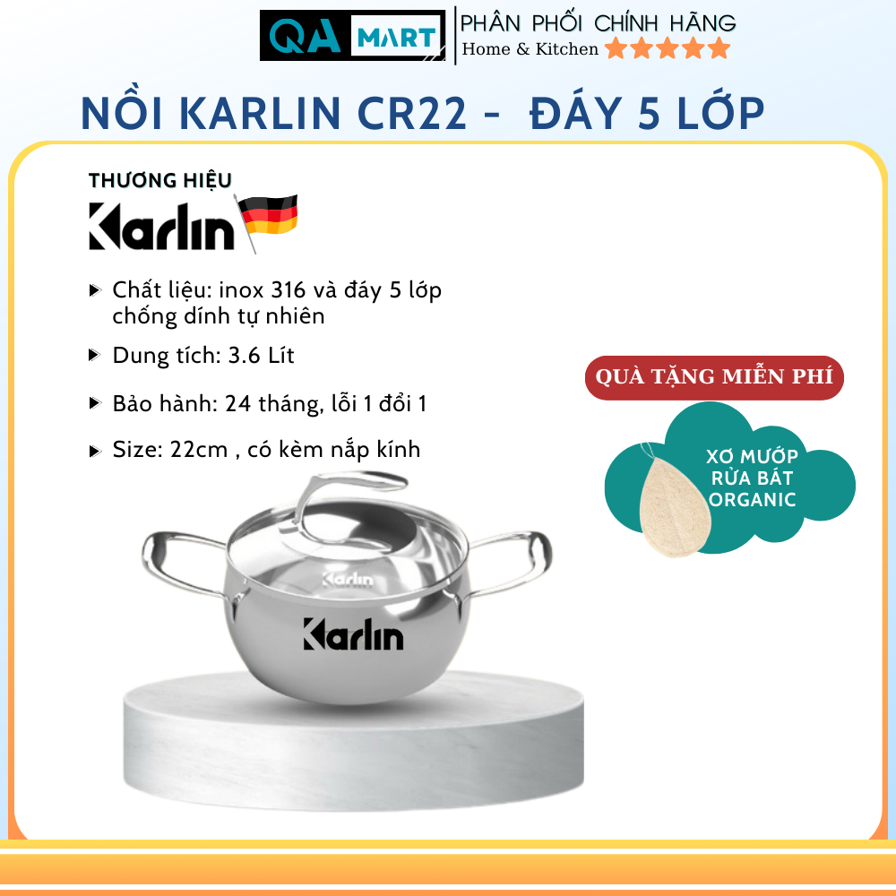 Bộ nồi karlin CR20_22_24 đáy dày 5 lớp tặng kèm xửng hấp cao cấp - Hàng chính hãng, bảo hành 24 tháng | QA Mart