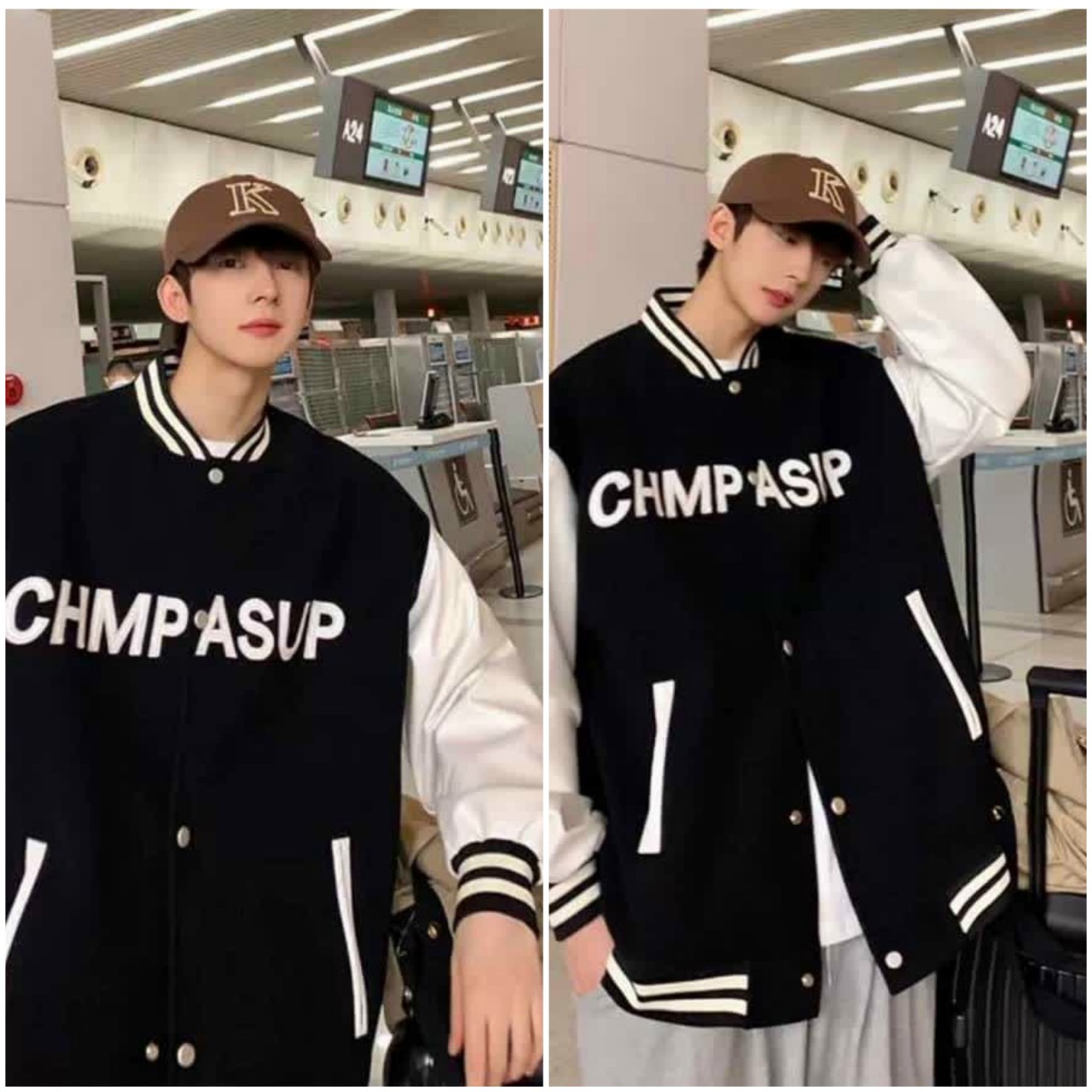 Áo Dù Bomber Unisex 2 Lớp Nút Bấm Chữ CHMP ASUP - Frếhip Rẻ Đẹp - Khoác Gió Nam Nữ Mặc Chống Nắng , Lạnh