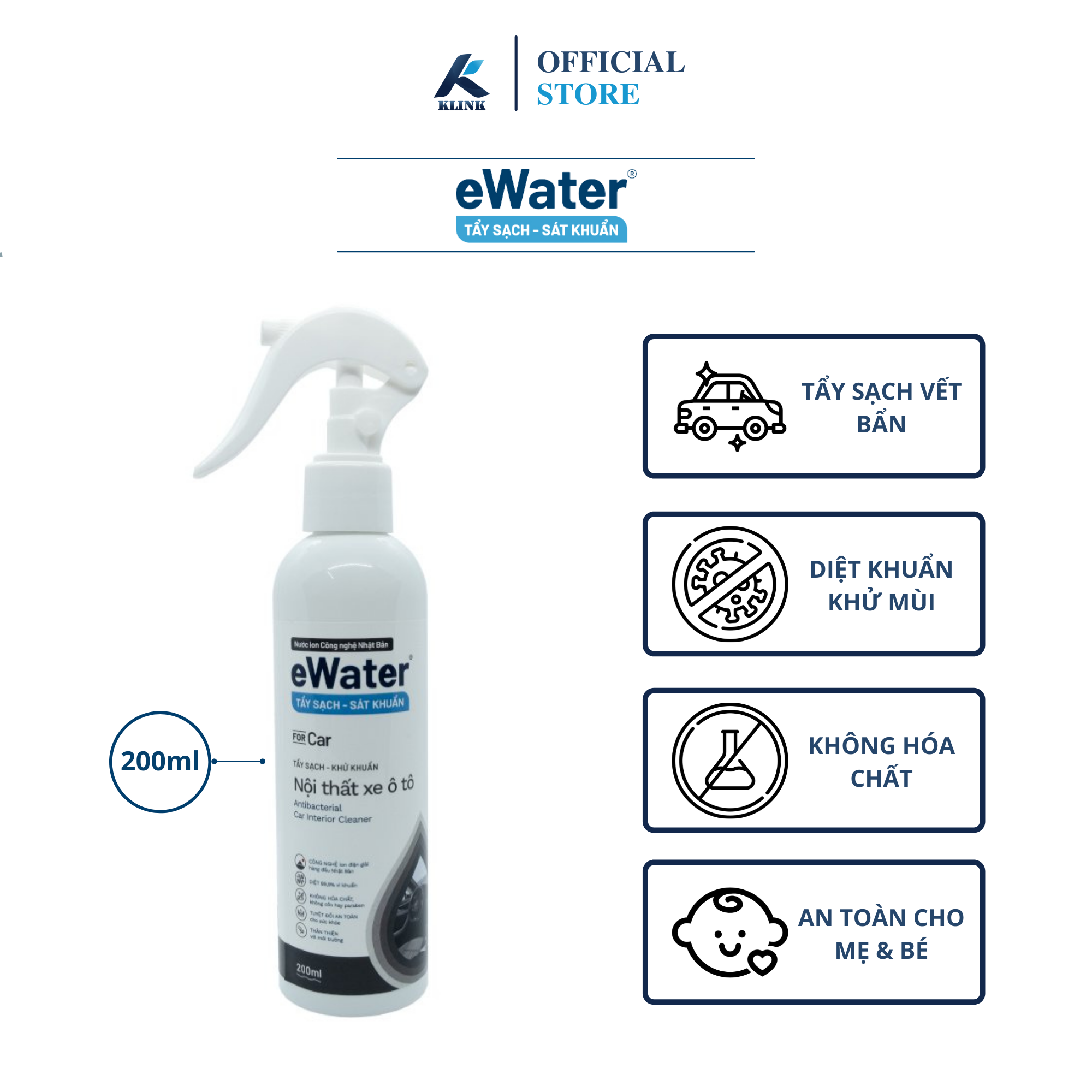 EWater TẨY SẠCH - SÁT KHUẨN nội thất ô tô - TUYỆT ĐỐI AN TOÀN | dung tích 200ml không mùi
