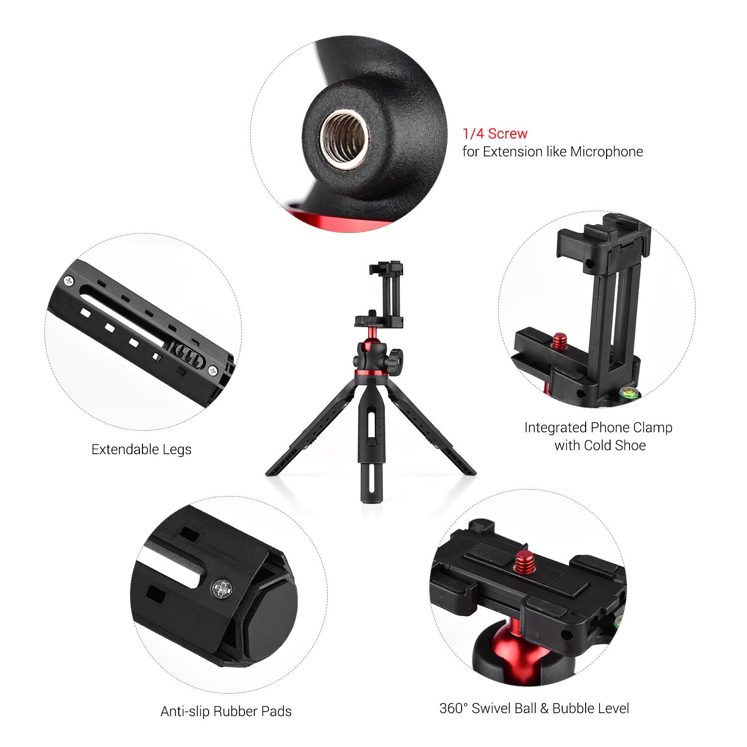 Chân đế Chiều cao có thể điều chỉnh 360 ° Ngang với 1/4 ren vít Tích hợp Kẹp điện thoại