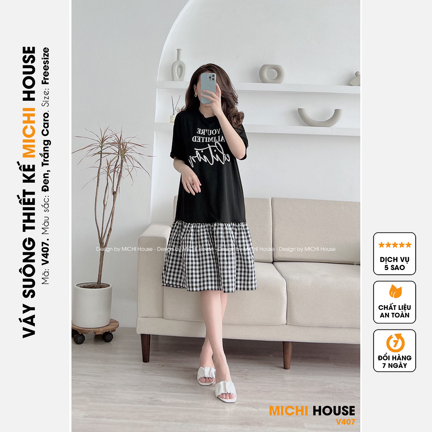 Đầm Thun Phối Kẻ Đuôi Cá Form Rộng MICHI House - V407 Váy Xuông Cổ tròn Tay Ngắn Freesize Mặc Bầu Xinh