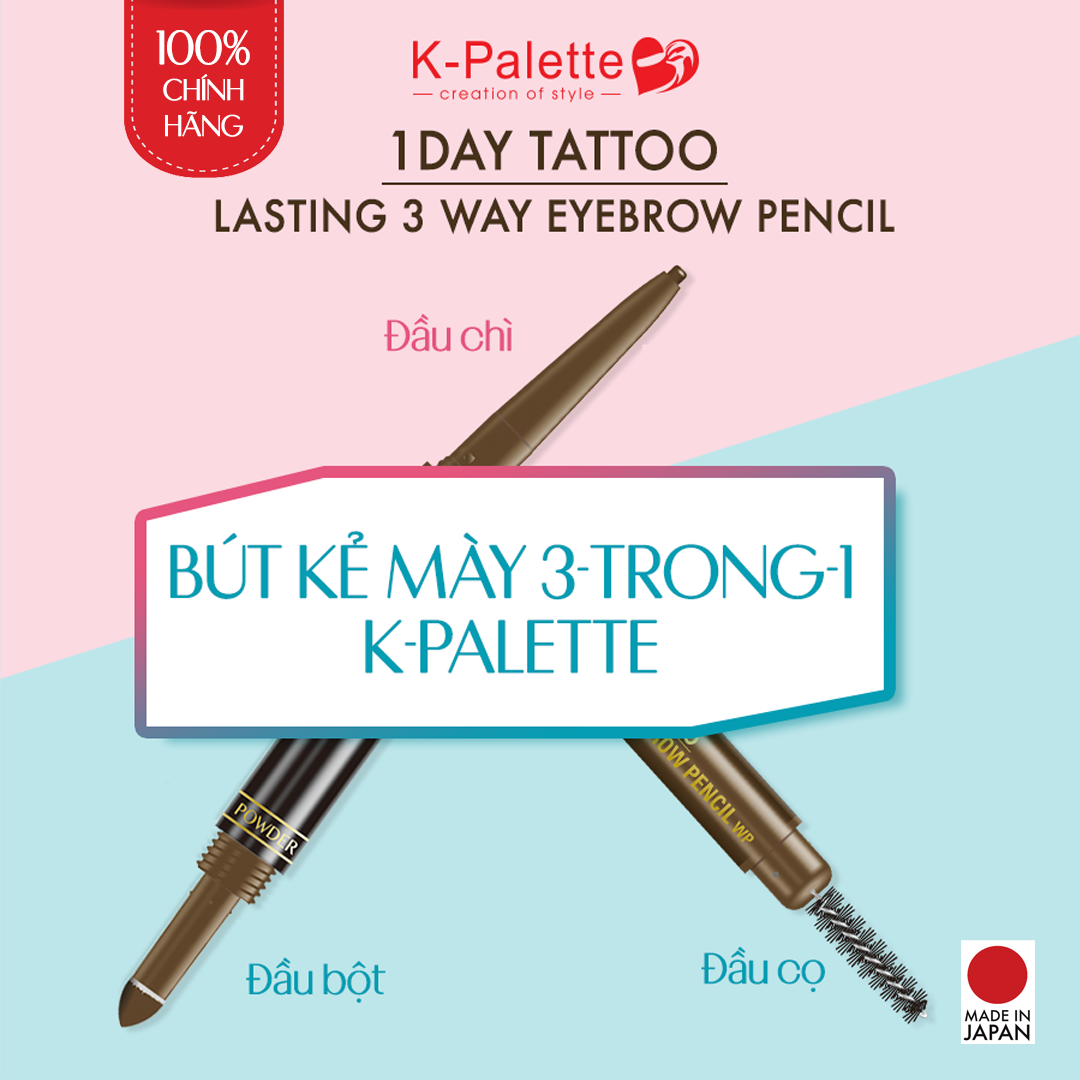 Bút Vẽ Lông Mày 3 Đầu Nhật Bản, Đầu Chì, Đầu Bột, Cọ Chải, K-Palette Eyebrow Pencil, Chống Lem, Lâu Trôi, Bền Màu 24h (04 Màu nâu xám)