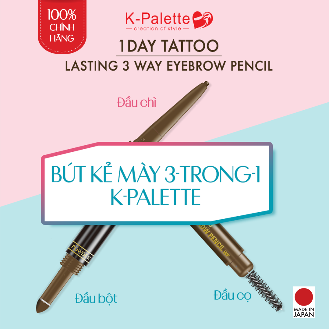 Bút Vẽ Lông Mày 3 Đầu Nhật Bản, Đầu Chì, Đầu Bột, Cọ Chải, K-Palette Eyebrow Pencil, Chống Lem, Lâu Trôi, Bền Màu 24h