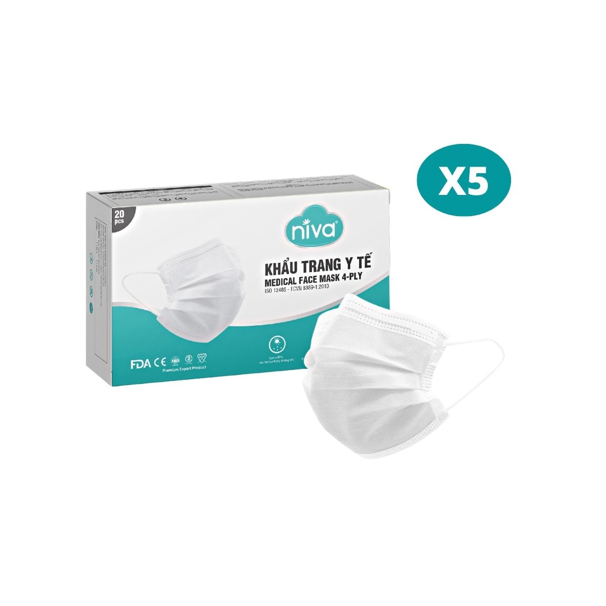 Combo 05 Khẩu Trang Y Tế 4 Lớp Niva Hộp 20 Cái Kháng Khuẩn, Ngăn Khói Bụi, Vi Khuẩn Hàng Chính Hãng Cao Cấp