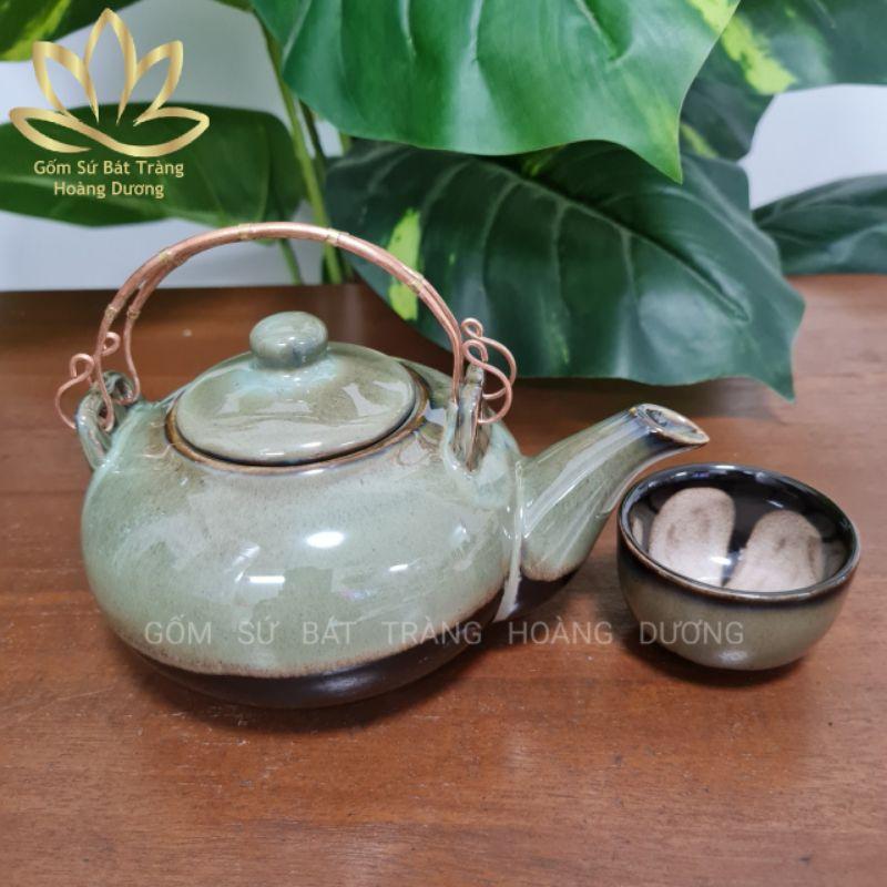 Bộ ấm chén hoả biến Bát Tràng quai đồng màu xanh rêu bạc 450ml kèm khay tre