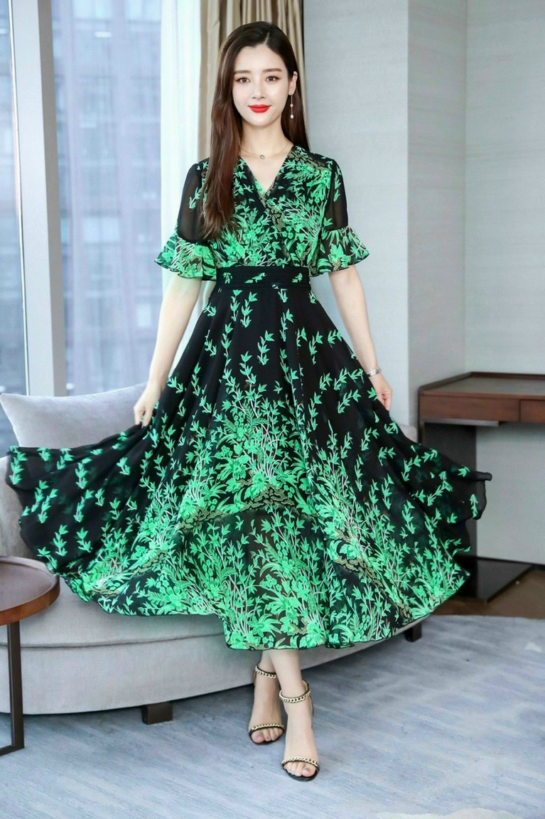 ĐẦM MAXI HOA LÁ DÁNG DÀ CAO CẤP - NTL228