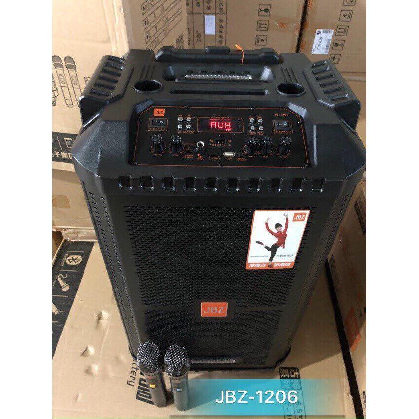 Loa kéo JBZ 1206 BASS 3 tấc gỗ đặt + kèm remote + sạc + 2 micro ko dây cho karaoke gia đình, hát đường phố,..