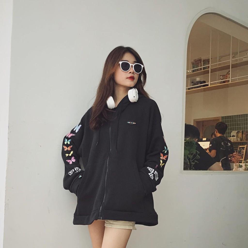 ÁO KHOÁC NỈ HỒNG ĐEN KIỂU DÁNG ÁO KHOÁC HOODIE FORM RỘNG PHỐI MŨ