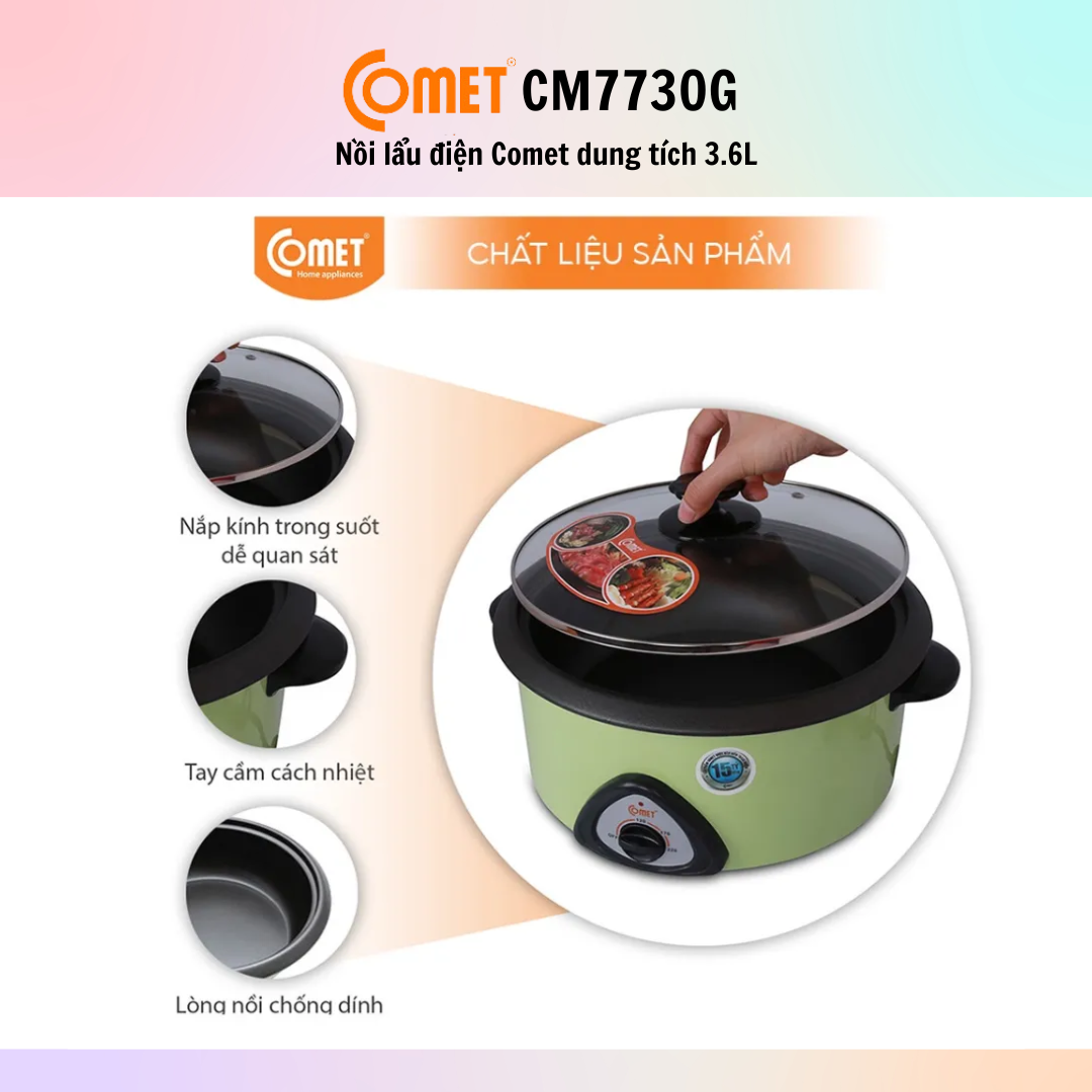 Nồi lẩu điện Comet CM7730 (Dung tích 3.6L) - Hàng Chính Hãng - Bảo Hành 12 Tháng