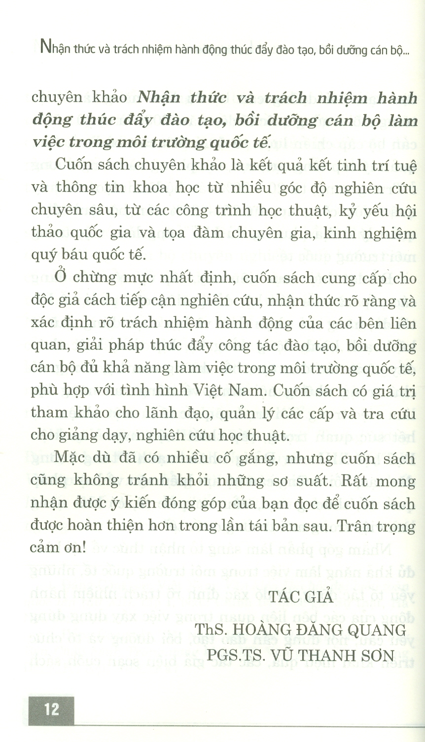 Nhận Thức Và Trách Nhiệm Hành Động Thúc Đẩy Đào Tạo, Bồi Dưỡng Cán Bộ Làm Việc Trong Môi Trường Quốc Tế (Sách Chuyên Khảo)